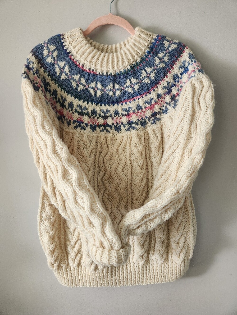 Handknit Fair Isle Nordic Yoke Chunky Cableknit Sweater - Picture 4 of 11